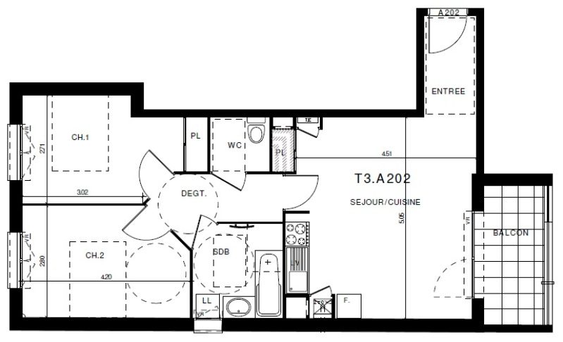 Appartement T3 – 59m² – 770€/mois