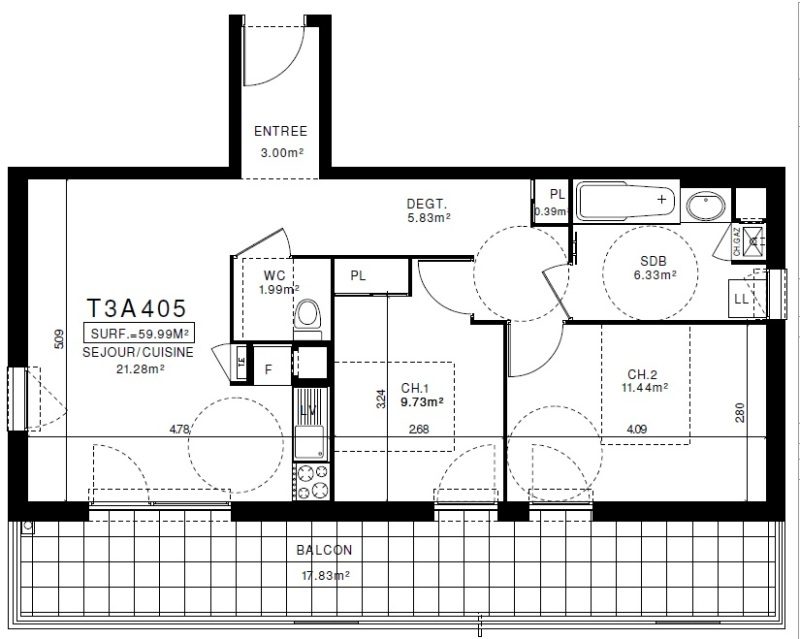 Appartement T3 – 59m² – 760€/mois